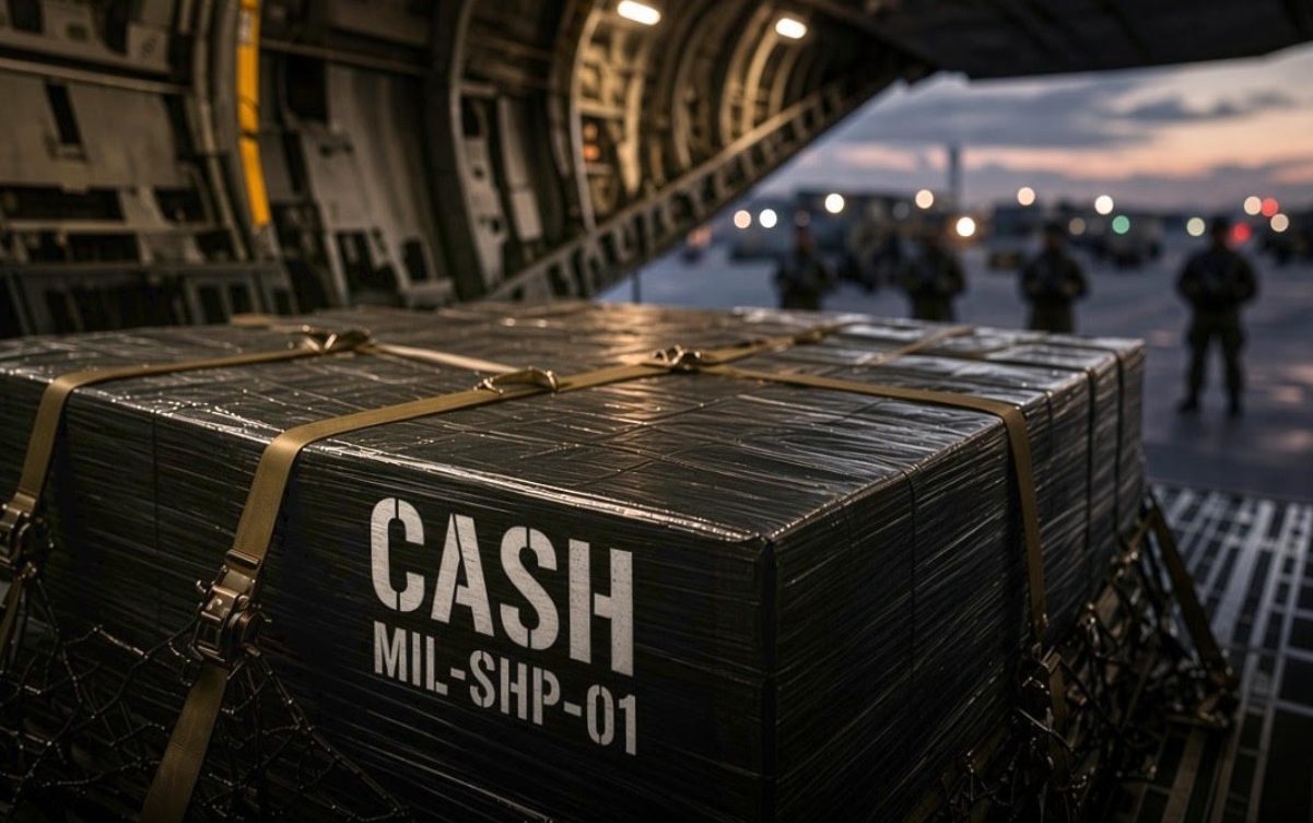 Shrink-wrapped pallet stenciled CASH strapped in the open cargo hold of a military transport plane at dusk, with soldiers on the airfield behind it