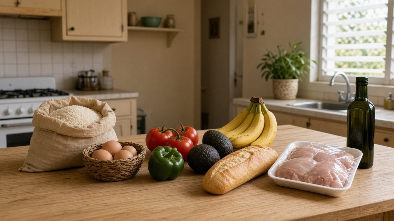 Kitchen counter with a sack of rice, a basket of eggs, tomatoes, a pepper, avocados, bananas, bread, a tray of chicken and a bottle of olive oil