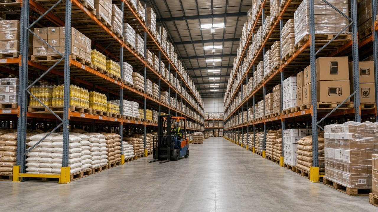 Large warehouse aisle with tall orange racks stacked with pallets of rice sacks, cooking oil and boxed goods, and a forklift in the center