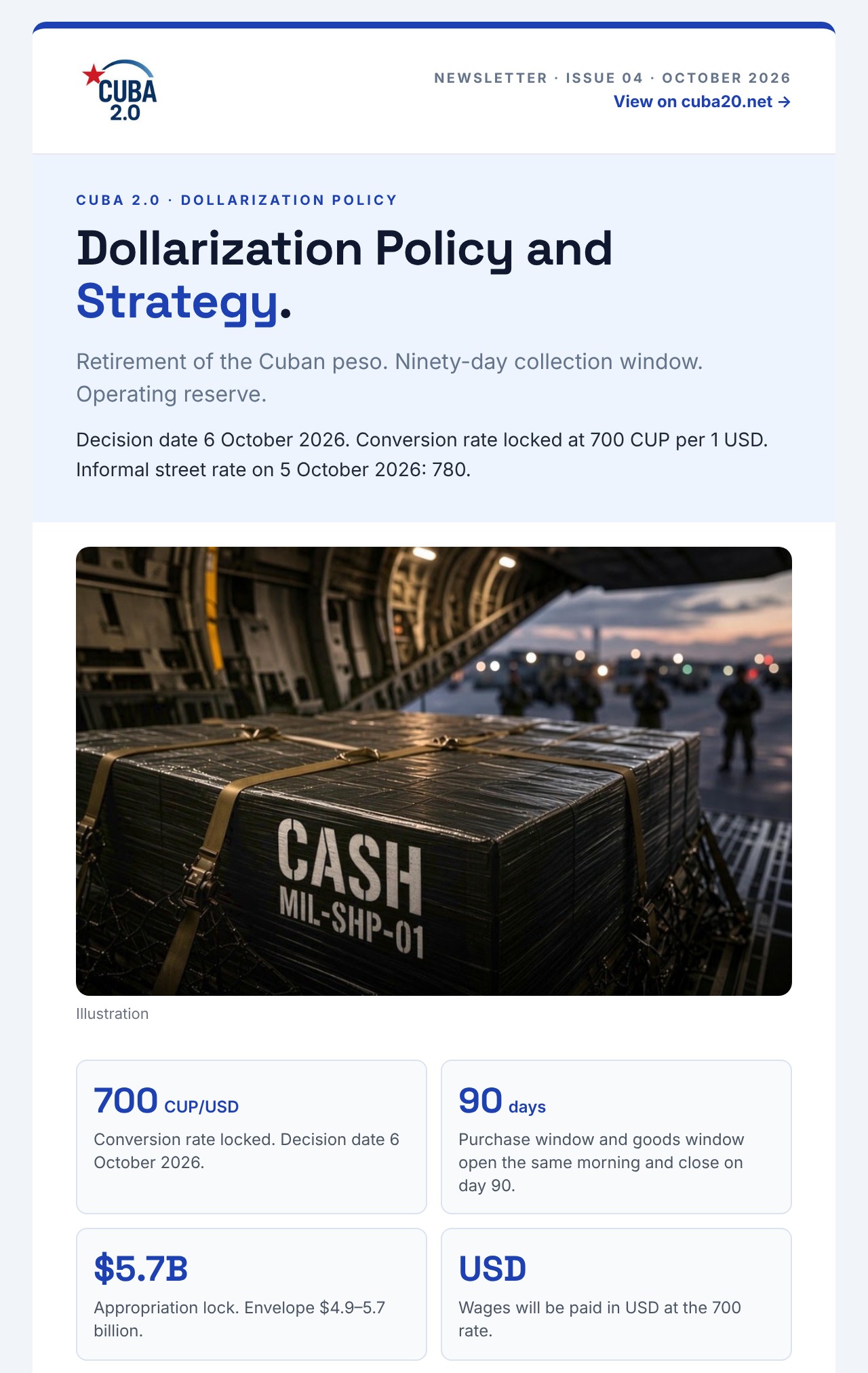 CUBA 2.0 Newsletter 04: Dollarization Policy, page 1: cover and key figures: the peso is retired, 700 CUP per 1 USD locked, 90-day window, $5.7 billion appropriation, wages paid in USD