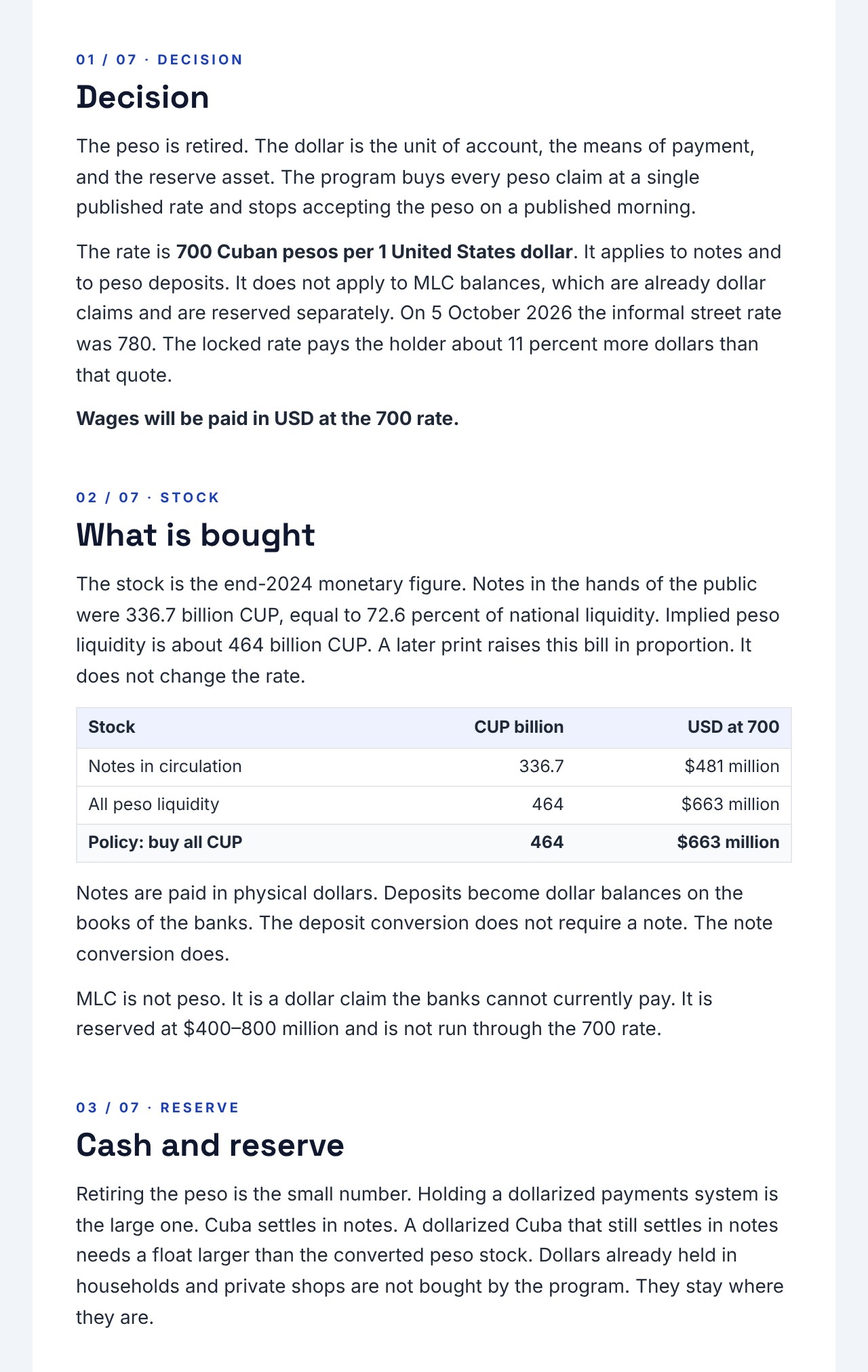 CUBA 2.0 Newsletter 04: Dollarization Policy, page 2: sections 1 and 2: the decision to retire the peso and what the program buys, with the stock table of notes and peso liquidity in CUP and USD