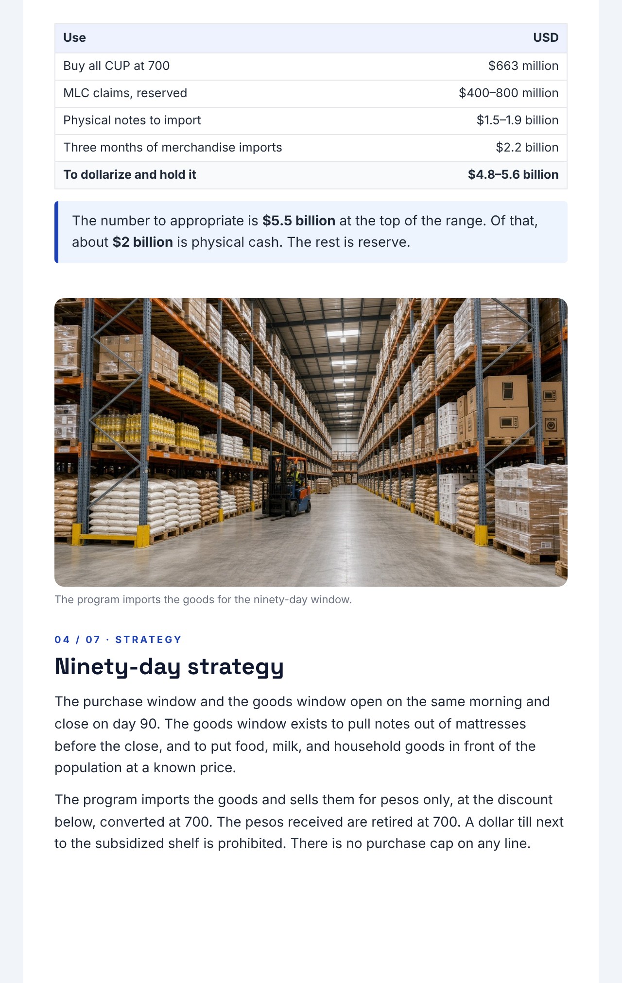 CUBA 2.0 Newsletter 04: Dollarization Policy, page 3: section 3 cash and reserve: the dollar float table, an import warehouse photo, and the start of the ninety-day strategy