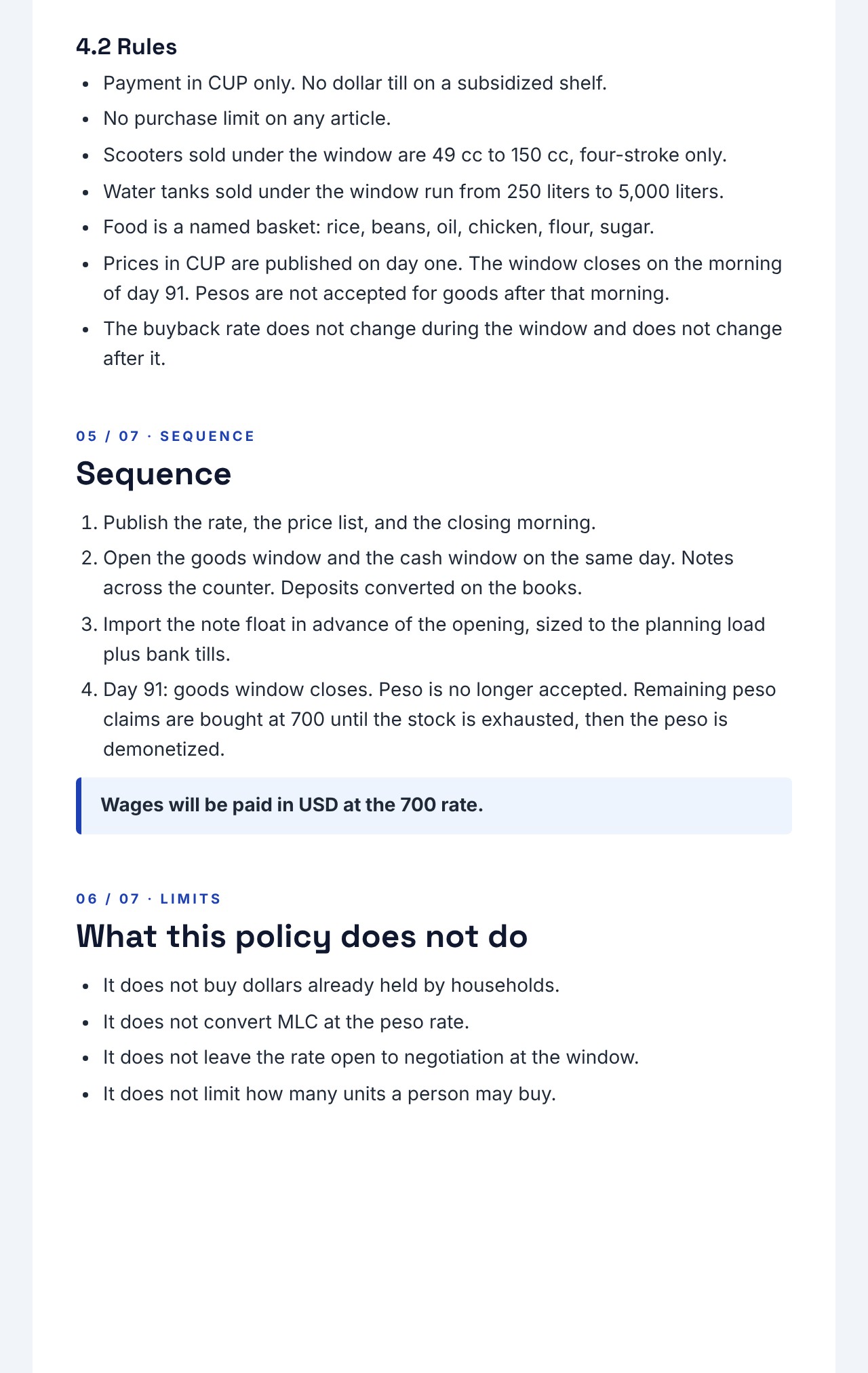 CUBA 2.0 Newsletter 04: Dollarization Policy, page 5: sections 4.2 rules, 5 sequence and 6 limits of the policy