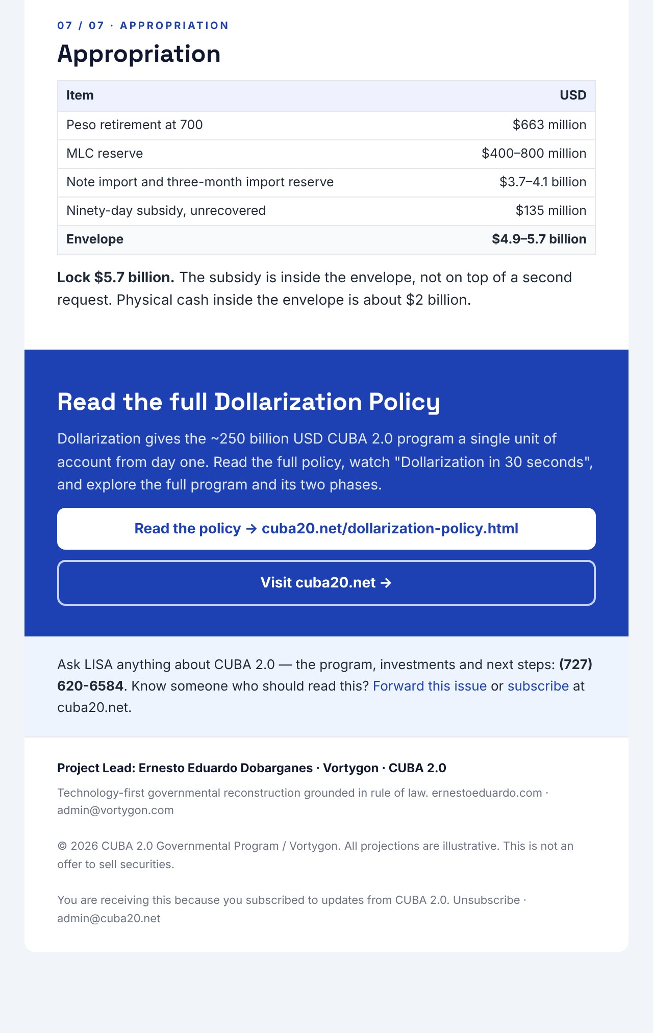 CUBA 2.0 Newsletter 04: Dollarization Policy, page 6: appropriation table and a link to read the full Dollarization Policy at cuba20.net