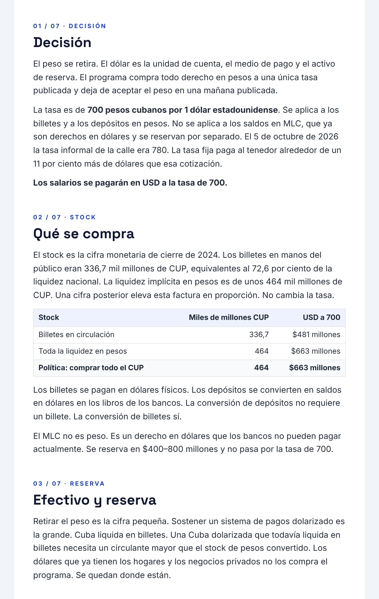 Boletín CUBA 2.0 04: Política de Dolarización, página 2: secciones 1 y 2: la decisión de retirar el peso y lo que compra el programa, con la tabla de billetes y liquidez en pesos en CUP y USD