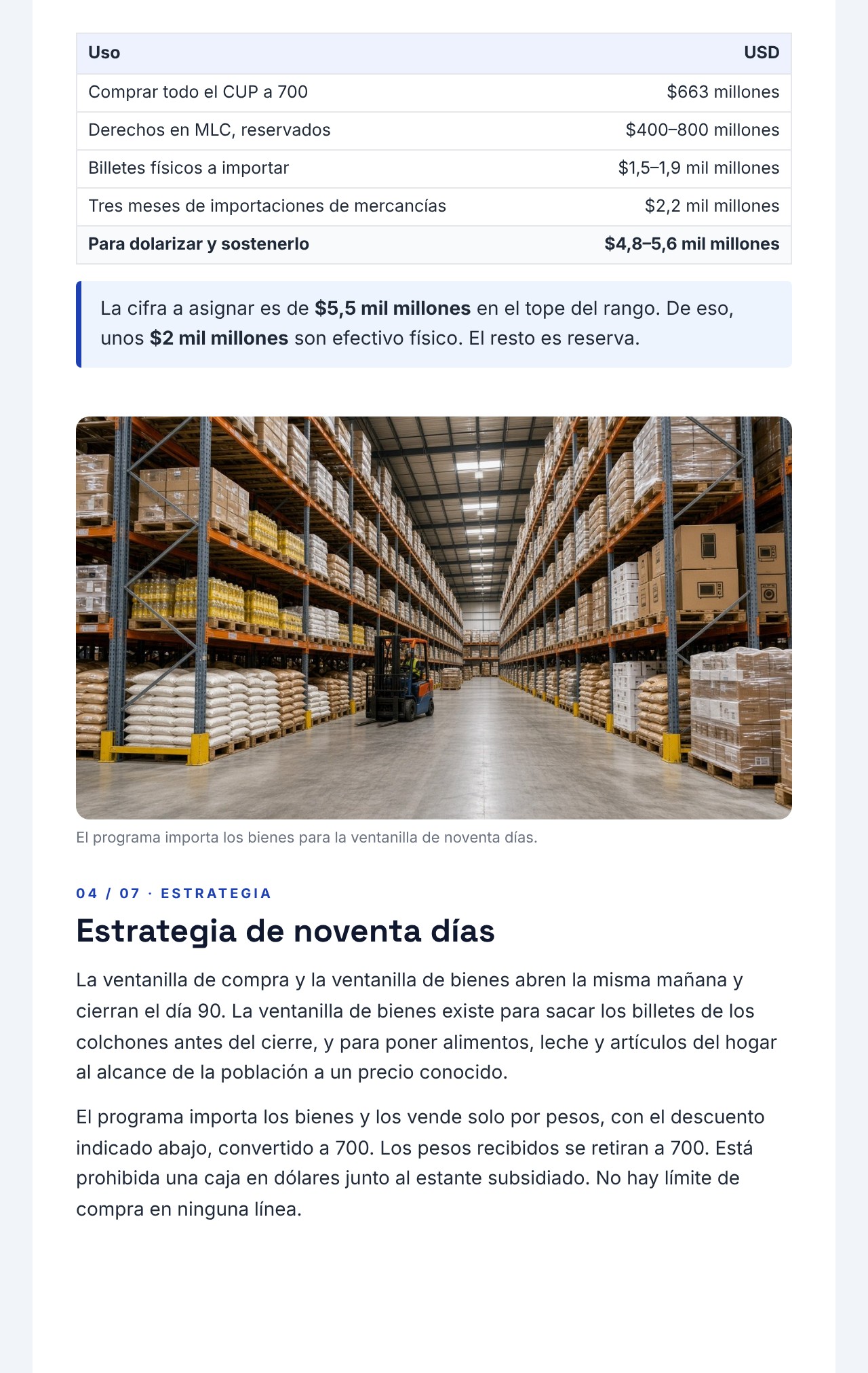 Boletín CUBA 2.0 04: Política de Dolarización, página 3: sección 3 efectivo y reserva: la tabla del colchón en dólares, una foto de un almacén de importación y el inicio de la estrategia de noventa días