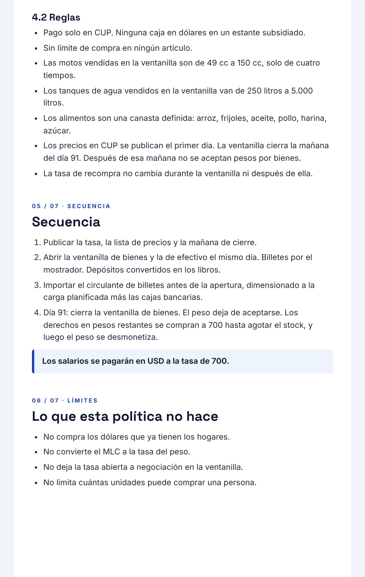 Boletín CUBA 2.0 04: Política de Dolarización, página 5: secciones 4.2 reglas, 5 secuencia y 6 límites de la política