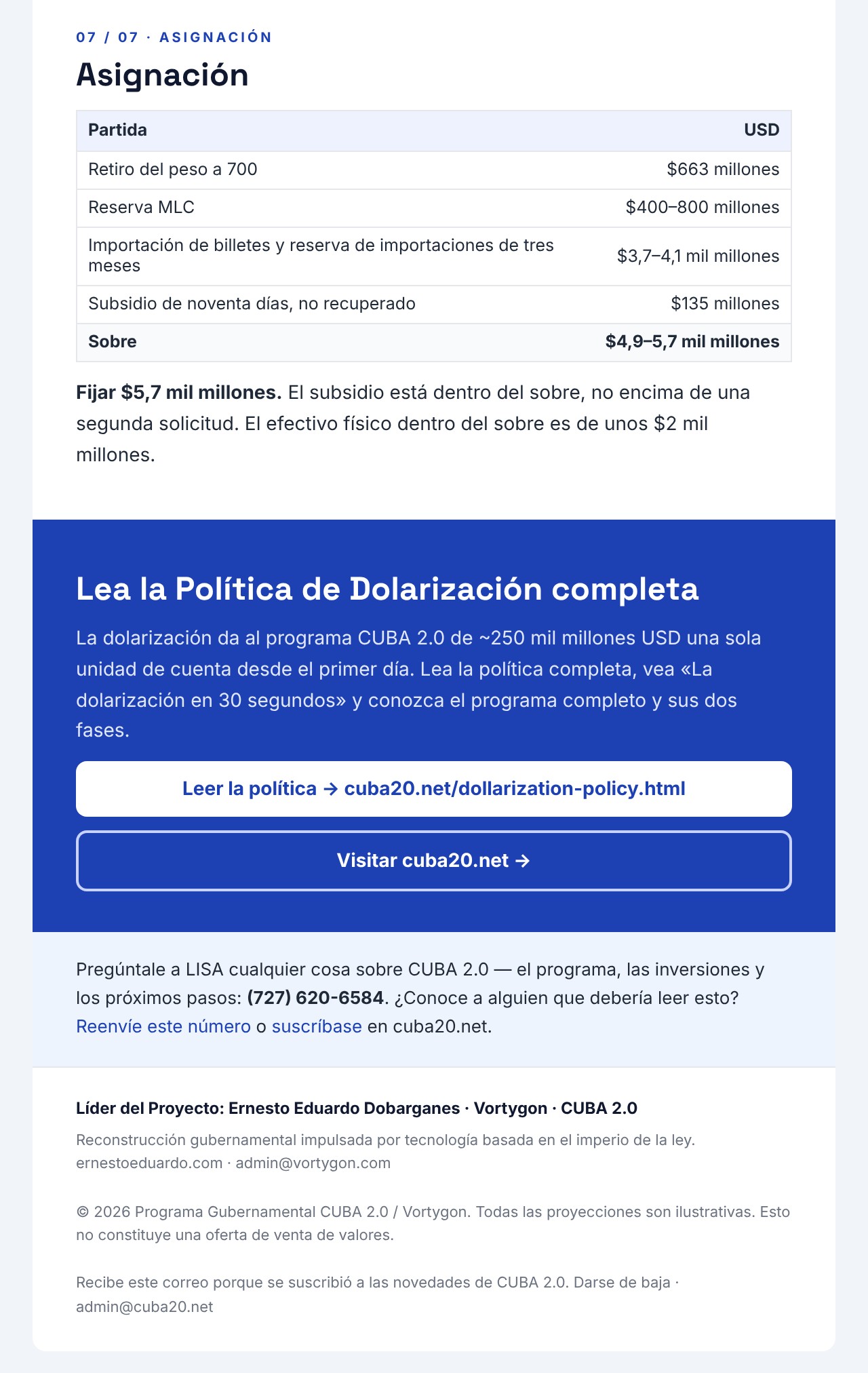 Boletín CUBA 2.0 04: Política de Dolarización, página 6: tabla de asignación y enlace para leer la Política de Dolarización completa en cuba20.net
