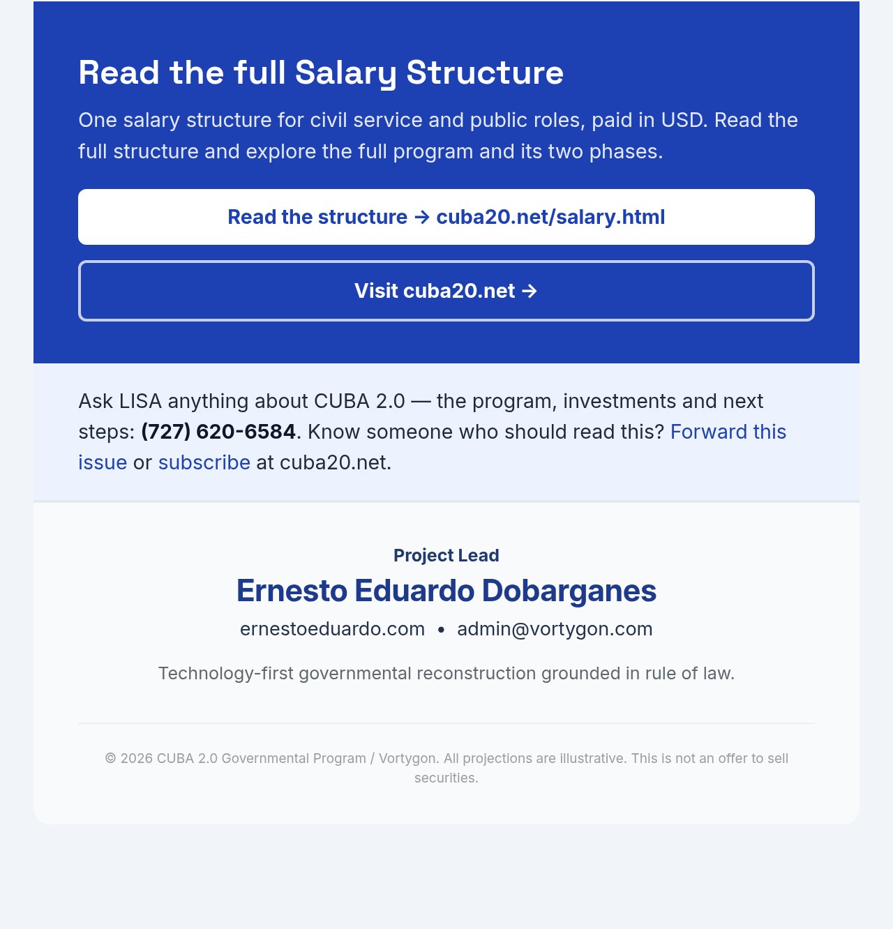 CUBA 2.0 Newsletter 05: Salary Structure, page 7: link to read the full Salary Structure at cuba20.net, Call LISA, and project lead contact