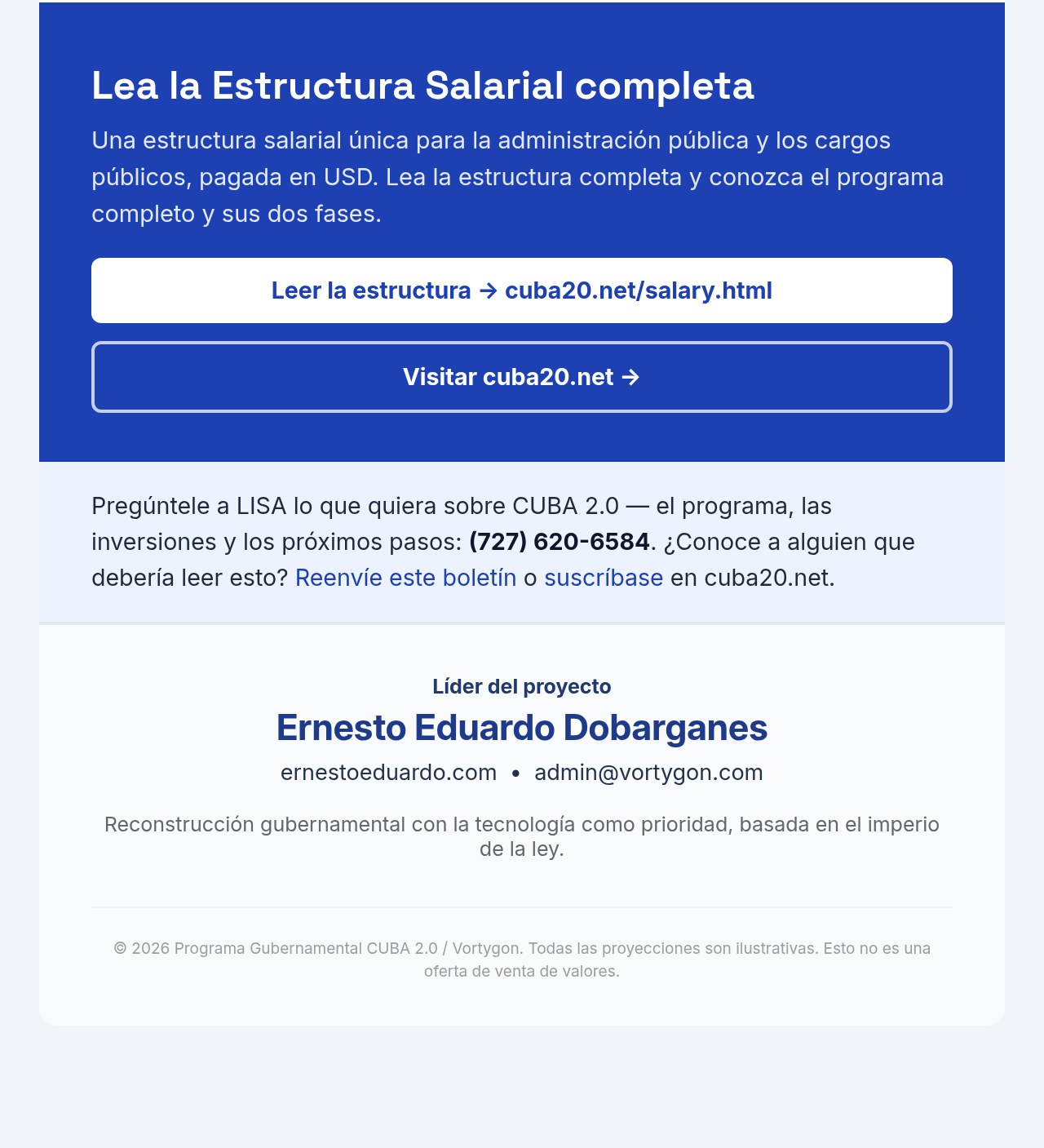 Boletín CUBA 2.0 05: Estructura Salarial, página 7: enlace para leer la Estructura Salarial completa en cuba20.net, Llamar a LISA y contacto del líder del proyecto